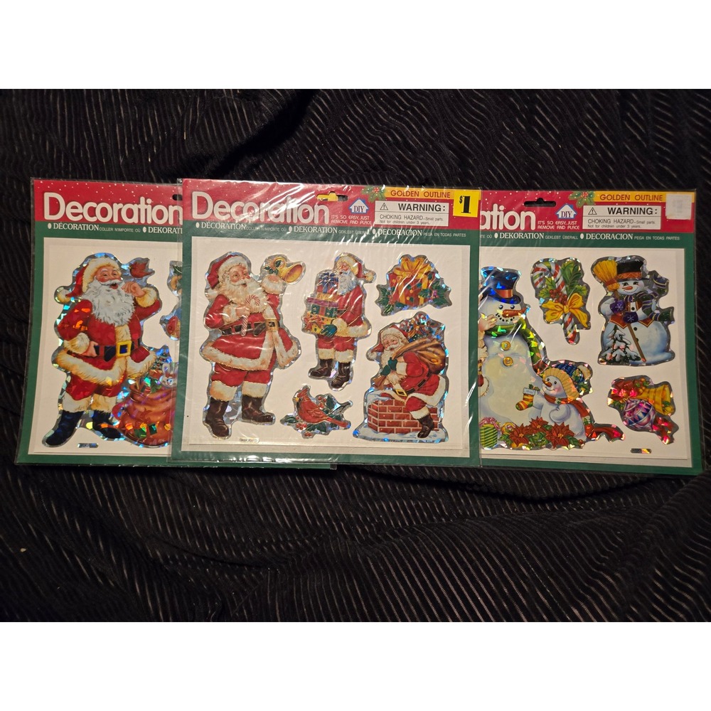 Vintage Christmas Holographic Window Clings Santa Snowman Reindeer 3 Sheets VTG
